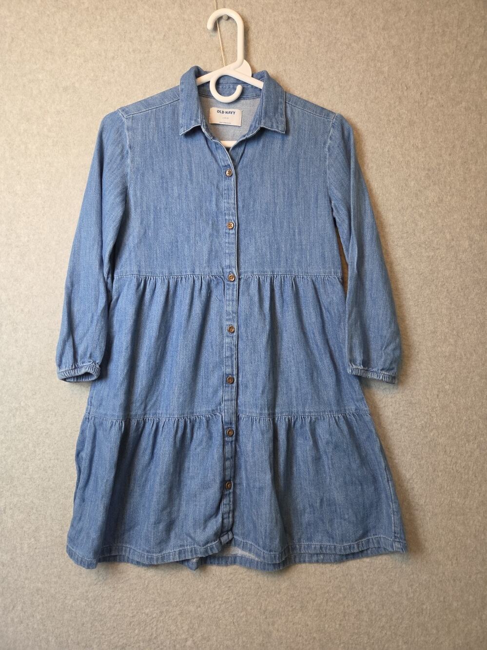 Old Navy 100% Cotton Blue Chambray LS Tiered Button Up Shirt Dress Girls Large